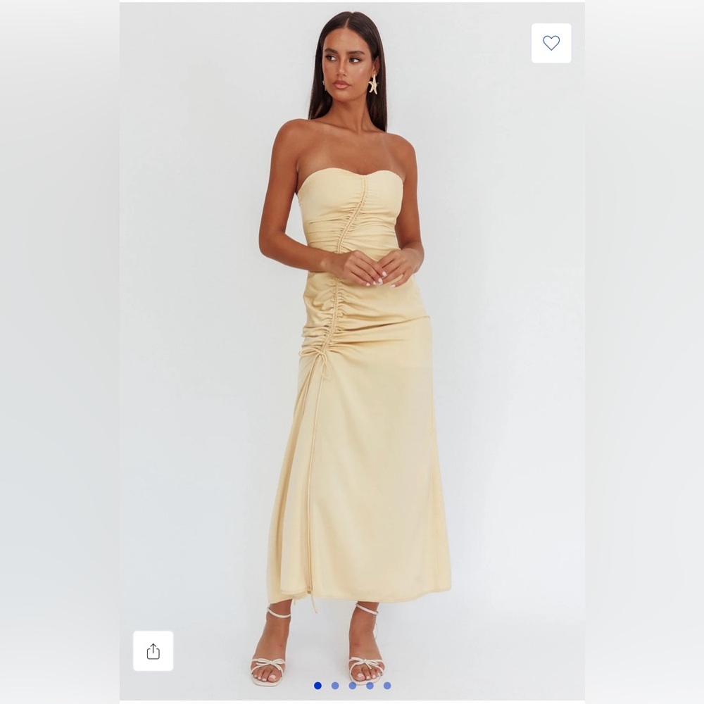 Selfie Leslie brand Molina Strapless Ruched Drawstring Maci Dress Golden Dress.